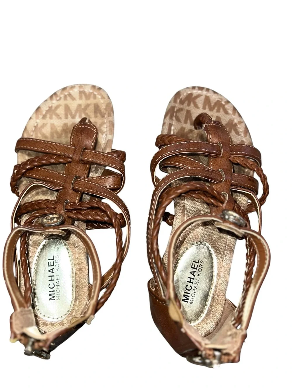 Michael Kors Girls Tatia Cognac Braided Gladiator Sandals Zip Back MK Logo S 13